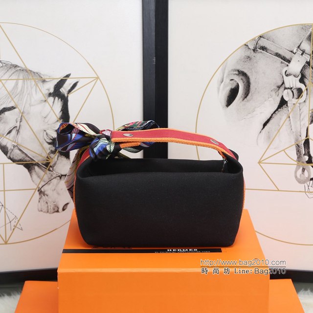Hermes女包 愛馬仕飯盒包 Trousse Bride-A-Brace Hermes帆布便當包 黑色  tdh2159